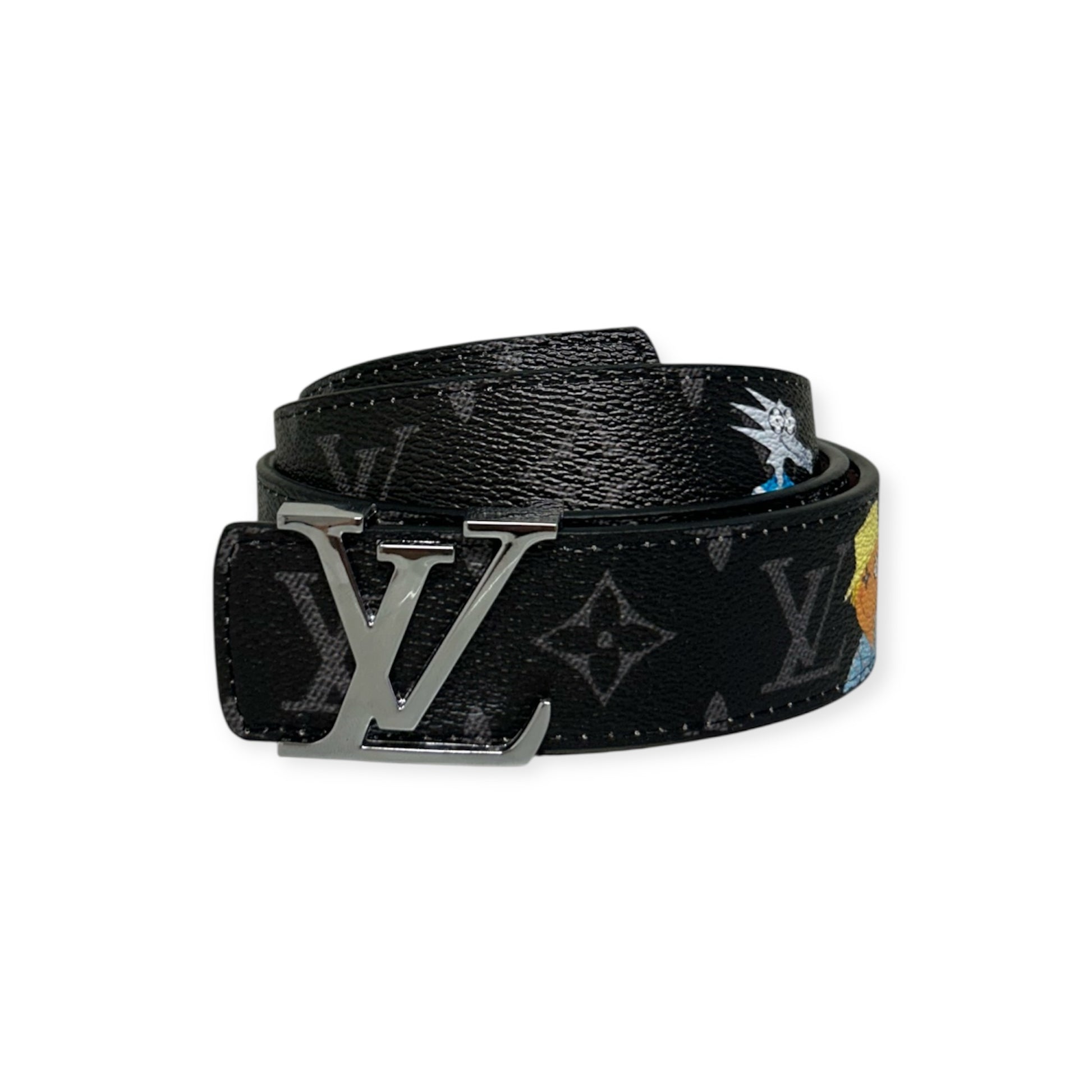 Louis Vuitton Black Belt Silver Buckle "Monogram Friends"