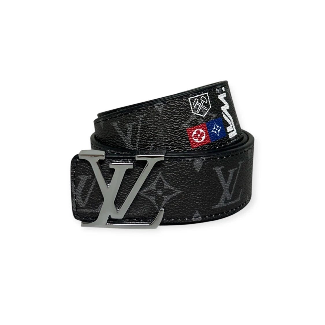 Louis Vuitton Black Belt Silver Buckle "Logo Story"