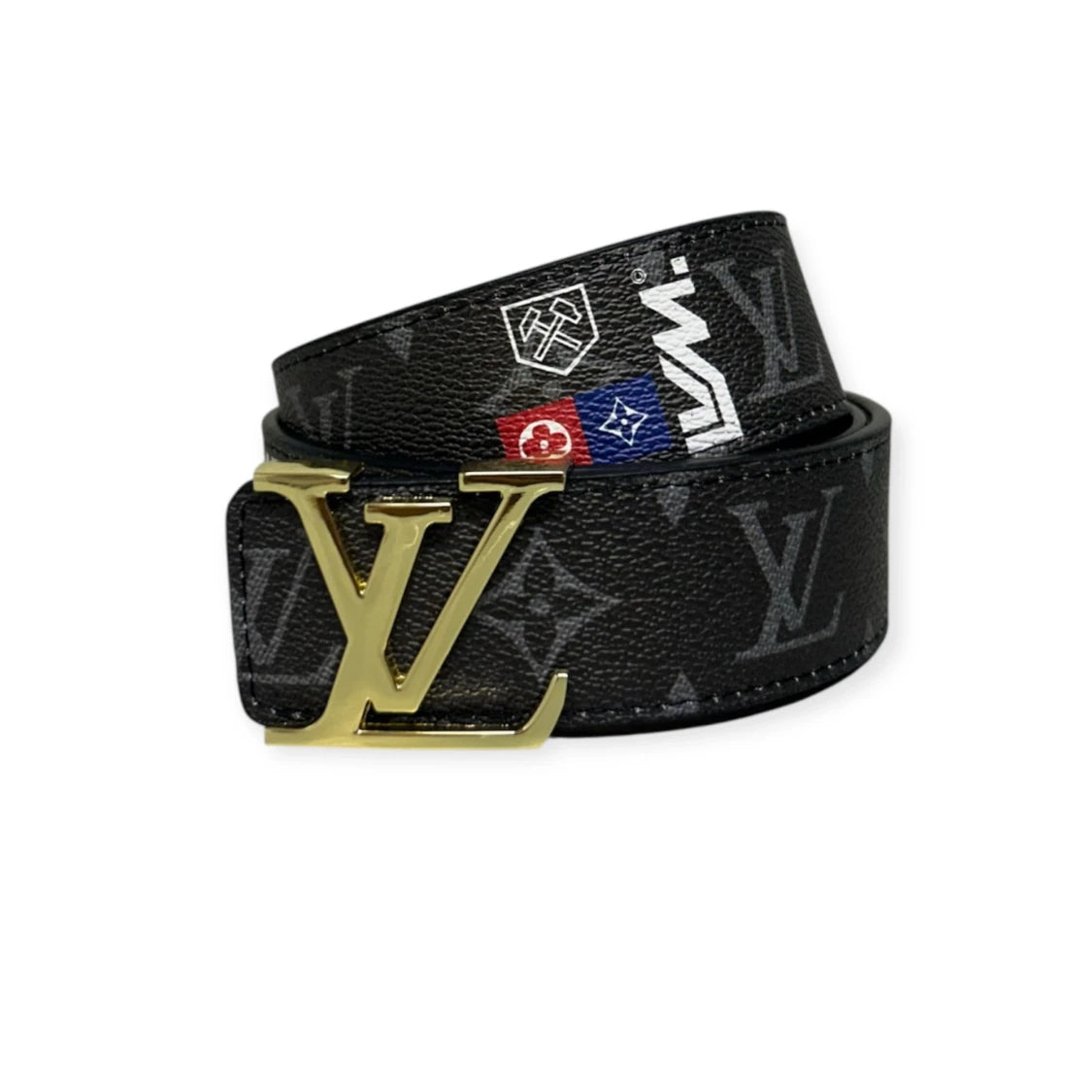 Louis Vuitton Black Belt Gold Buckle "Logo Story"