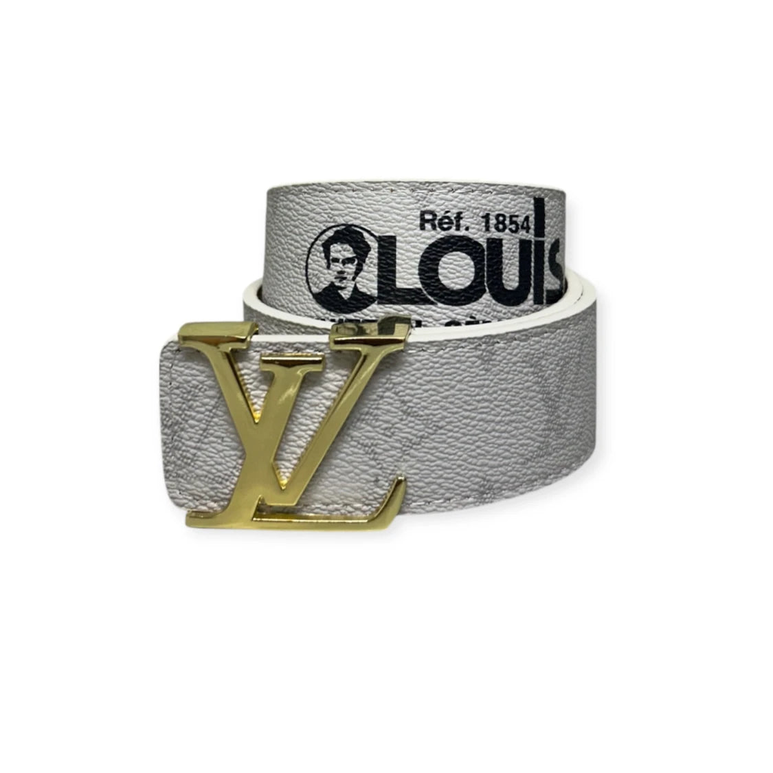 Louis Vuitton White Belt Gold Buckle "Logo Story"
