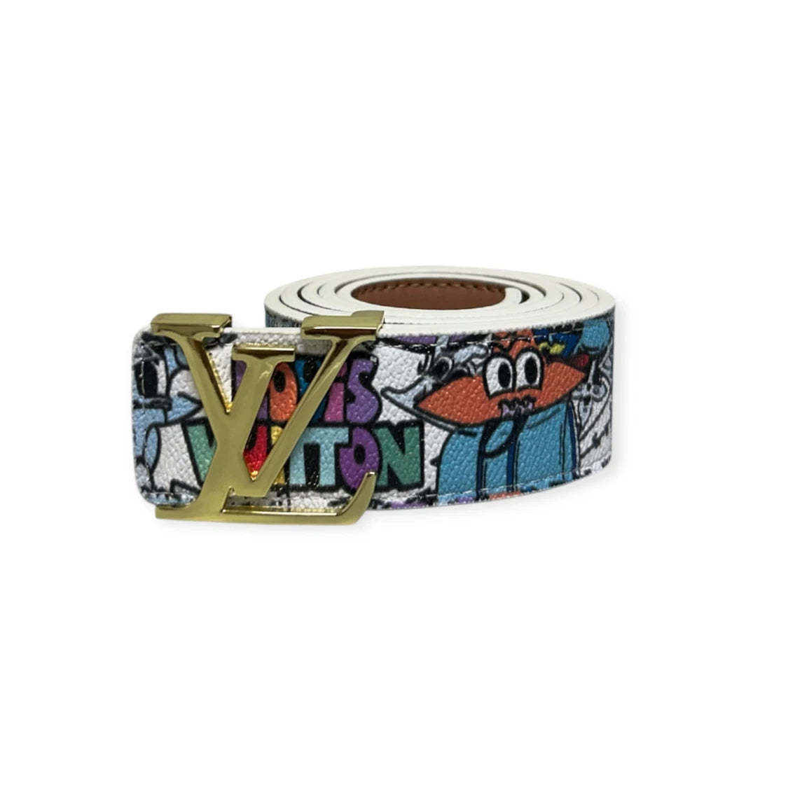 Louis Vuitton White Belt Gold Buckle "Cartoon"