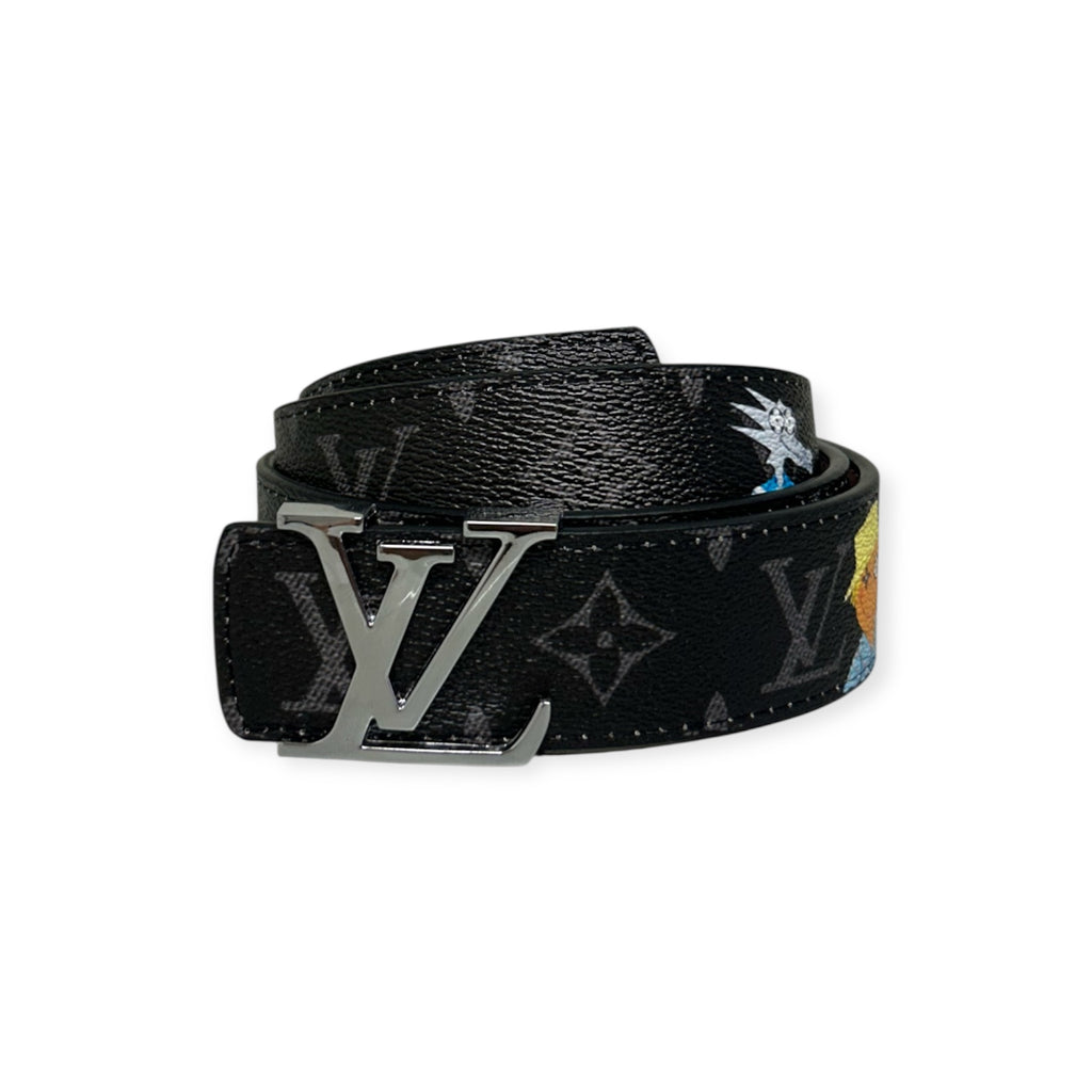 Louis Vuitton Black Belt Silver Buckle "Monogram Friends"