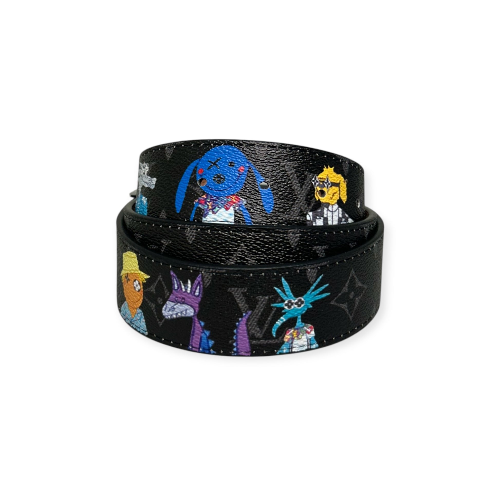 Louis Vuitton Black Belt Silver Buckle "Monogram Friends"