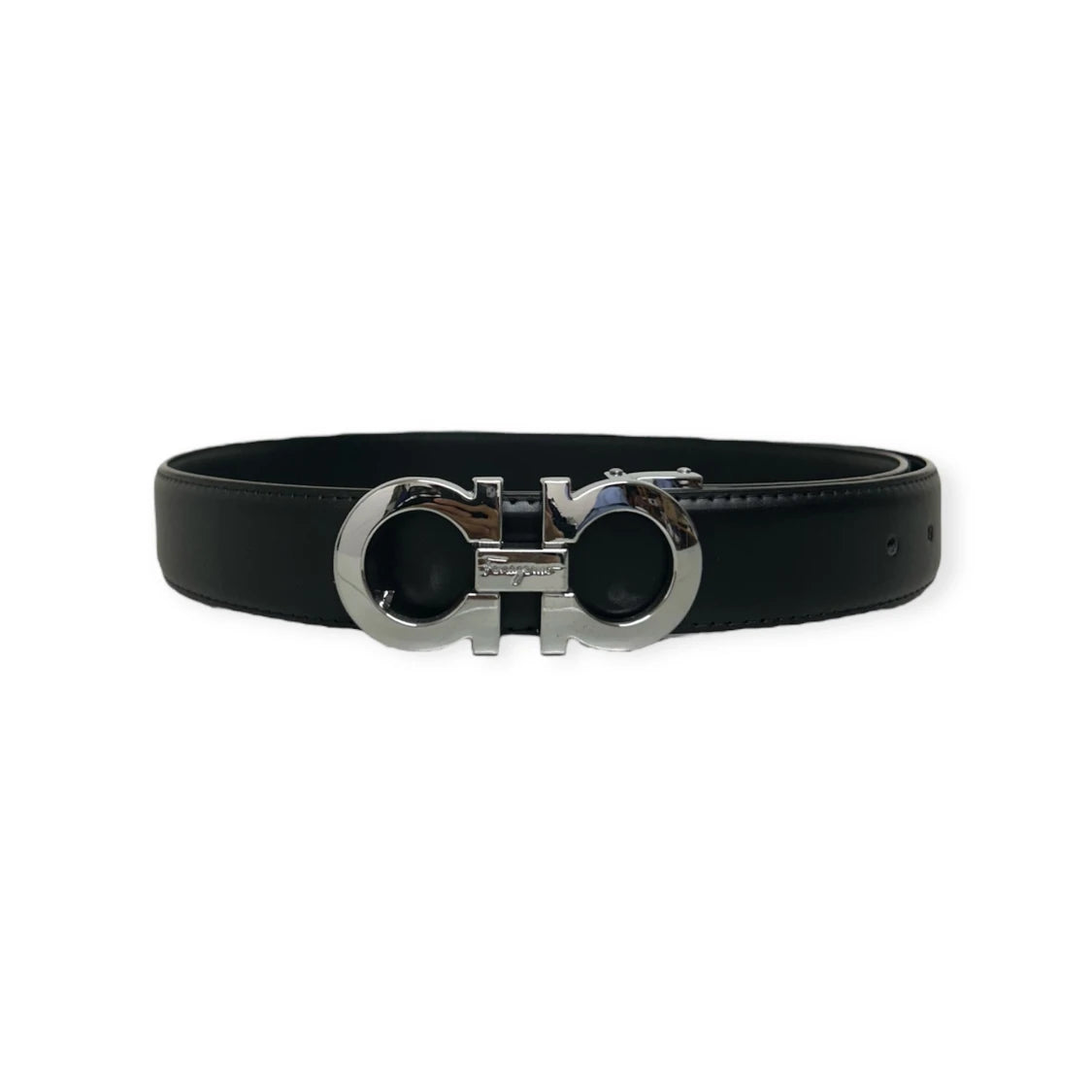 Ferragamo Black Belt Silver Buckle "Gancini"