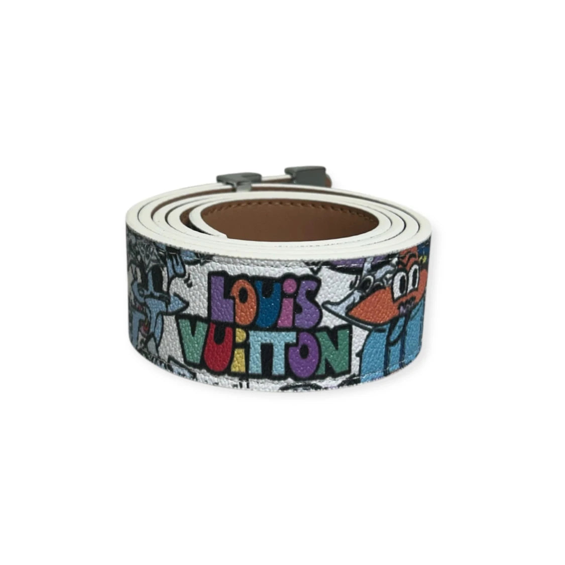 Louis Vuitton White Belt Silver Buckle "Cartoon"