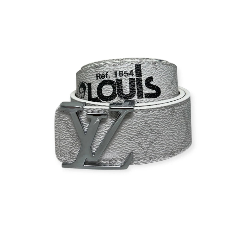 Louis Vuitton White Belt Silver Buckle "Logo Story"