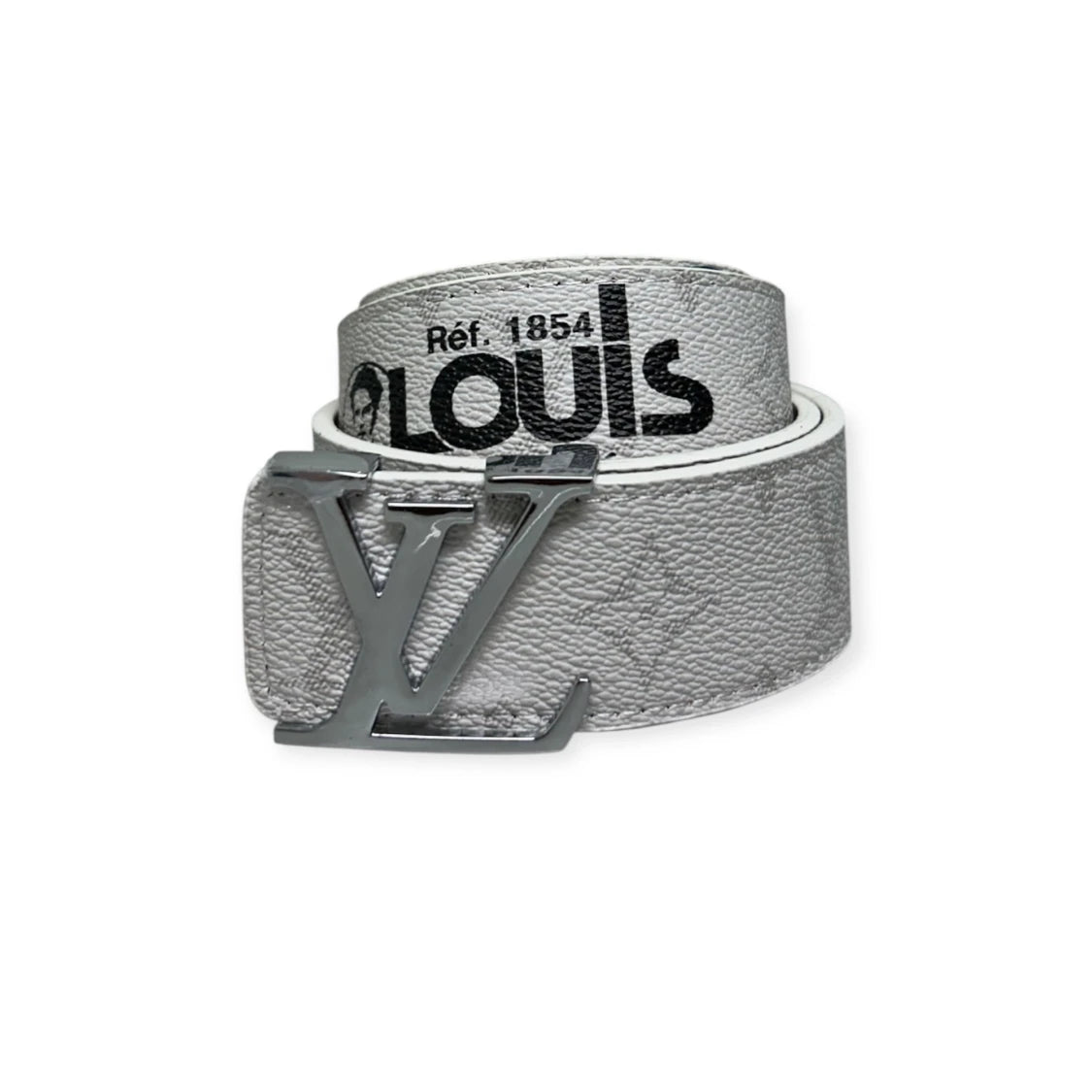 Louis Vuitton White Belt Silver Buckle "Logo Story"