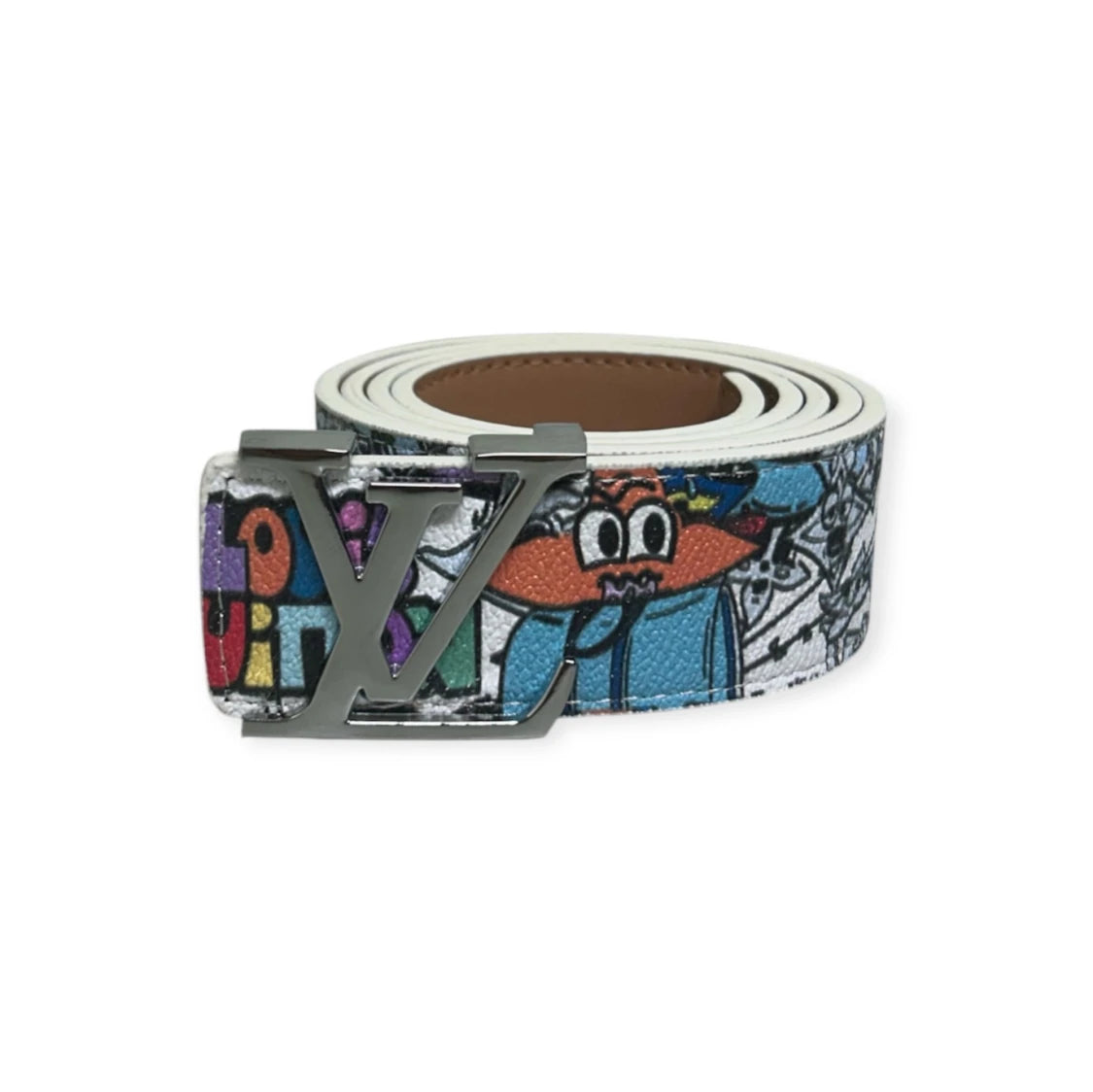 Louis Vuitton White Belt Silver Buckle "Cartoon"