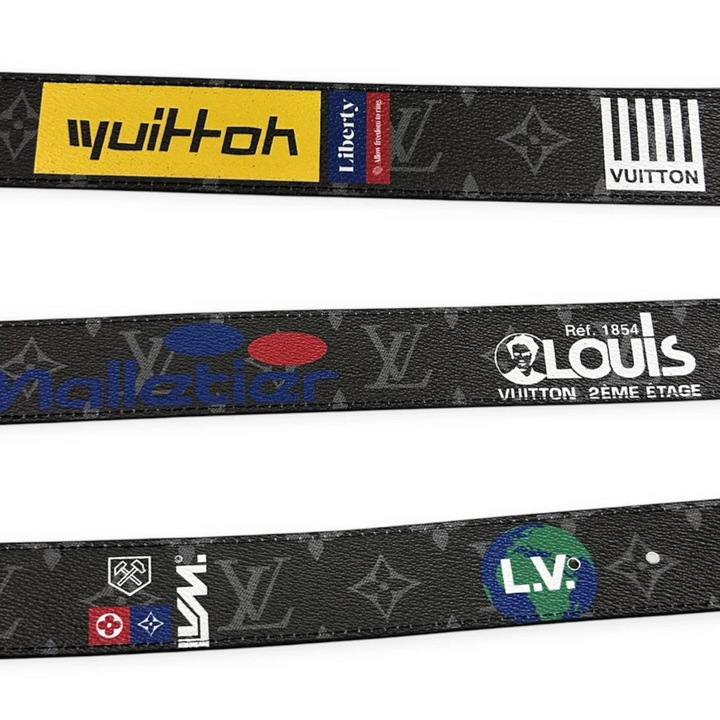 Louis Vuitton Black Belt Silver Buckle "Logo Story"